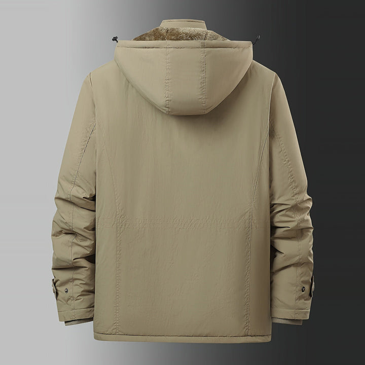 Men's plush-lined hooded winter jacket in khaki, back view