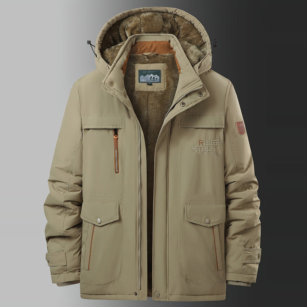 Men's plush-lined hooded winter jacket in khaki, front view