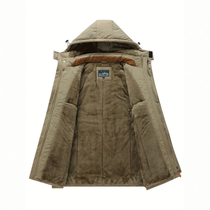 Men's plush-lined hooded winter jacket in khaki, showing the plush lining
