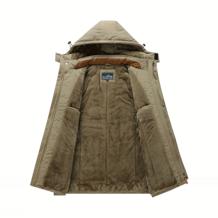 Men's plush-lined hooded winter jacket in khaki, showing the plush lining