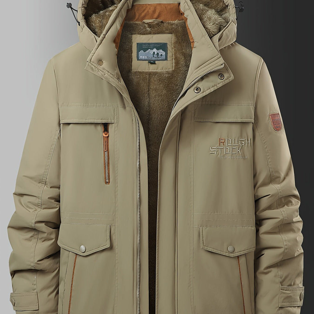 Men's plush-lined hooded winter jacket in khaki