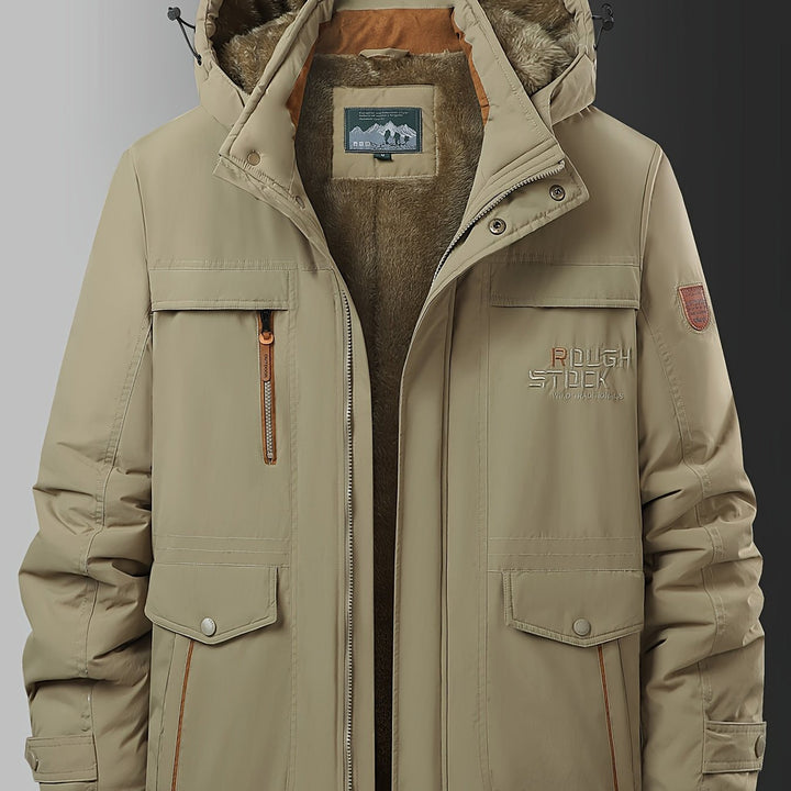 Men's plush-lined hooded winter jacket in khaki
