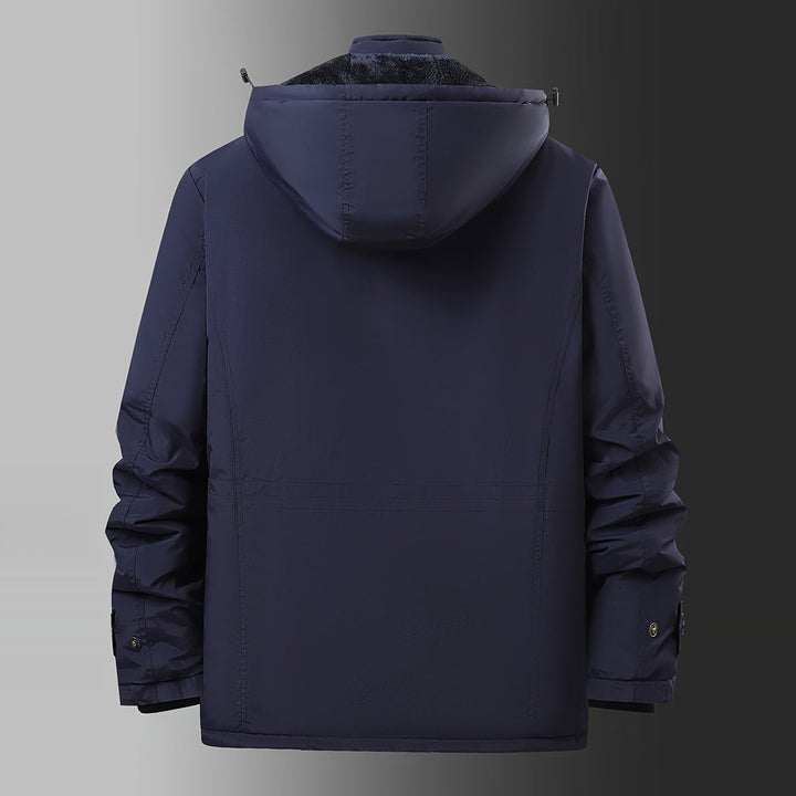 Men's plush-lined hooded winter jacket in navy, back view