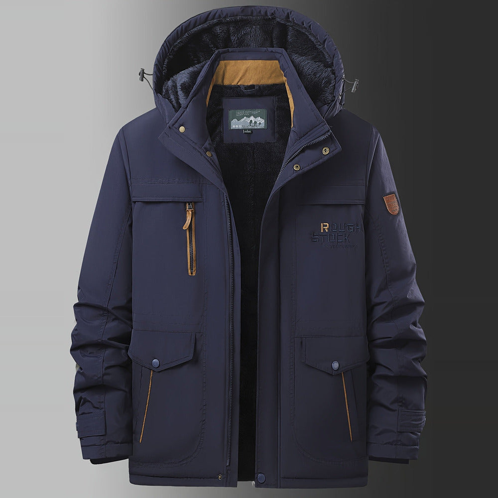Men's plush-lined hooded winter jacket in navy, front view