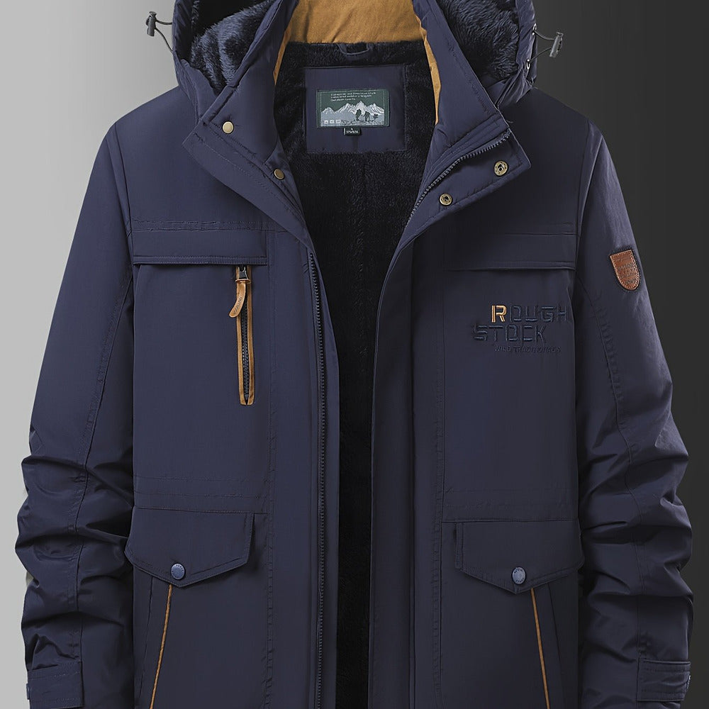 Men's plush-lined hooded winter jacket in navy