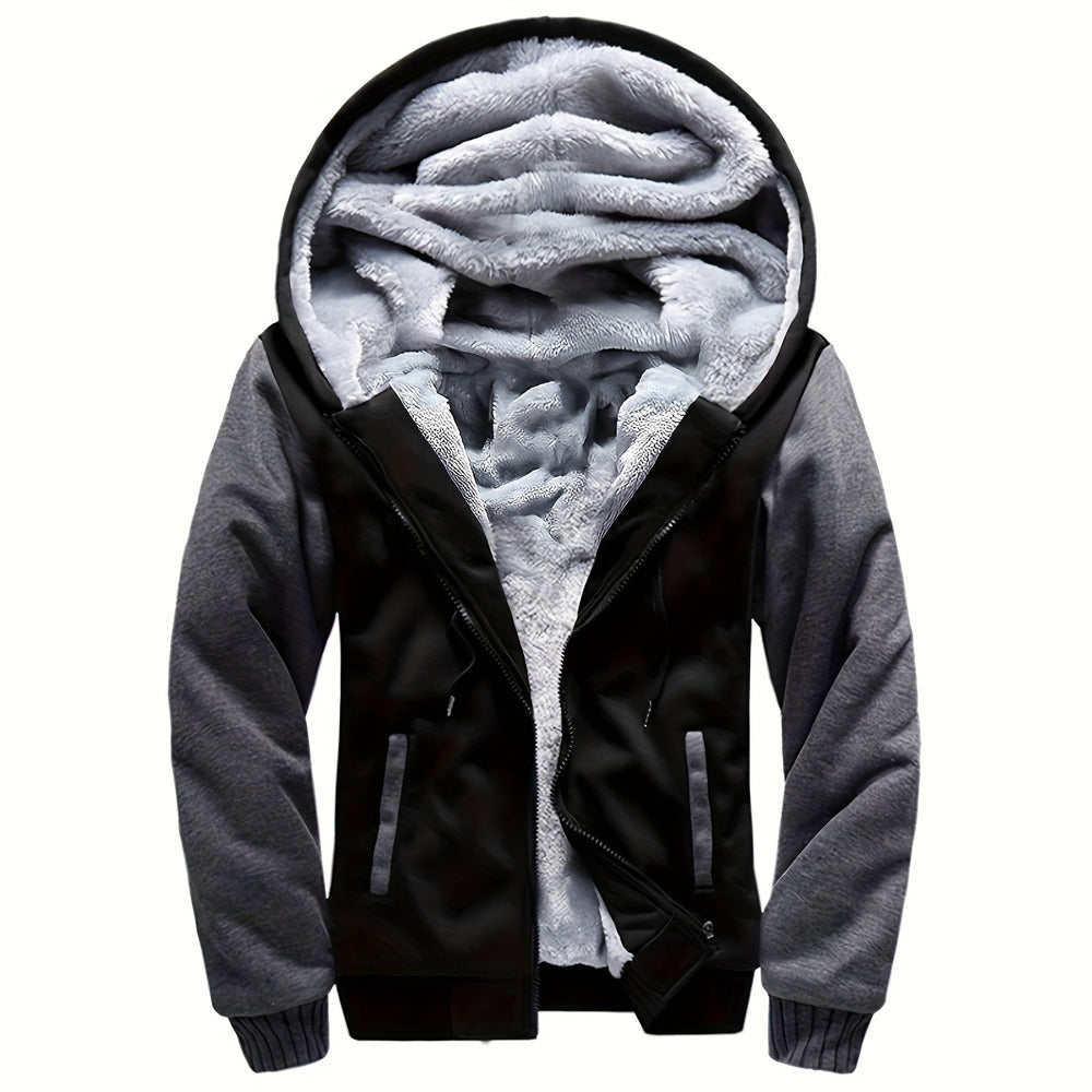 Men's plush-lined zip hoodie jacket in black/grey, front view