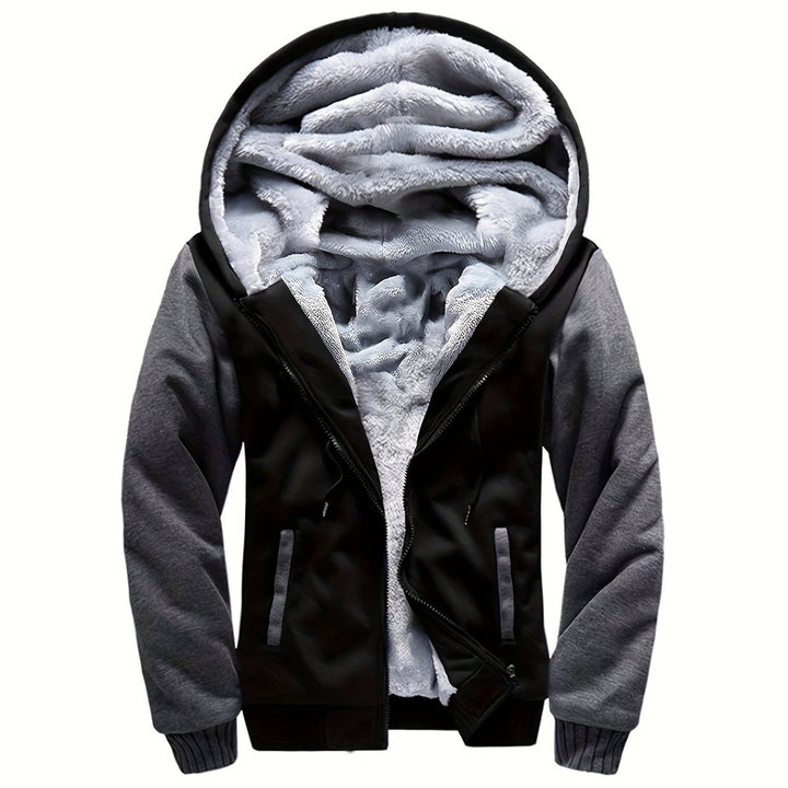 Men's plush-lined zip hoodie jacket in black/grey, front view