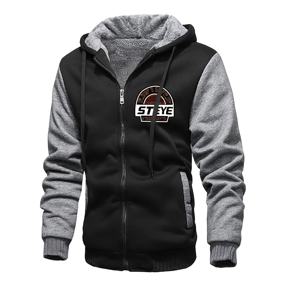 Men's plush-lined zip hoodie jacket in black/grey, print detail