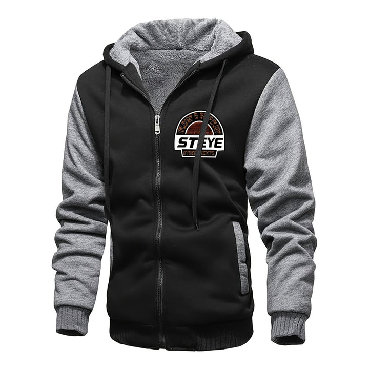 Men's plush-lined zip hoodie jacket in black/grey, print detail
