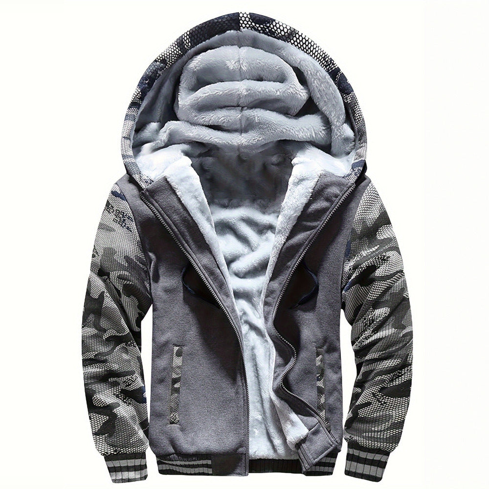 Men's plush-lined zip hoodie jacket in grey camo, front view