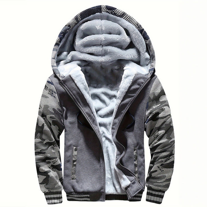 Men's plush-lined zip hoodie jacket in grey camo, front view