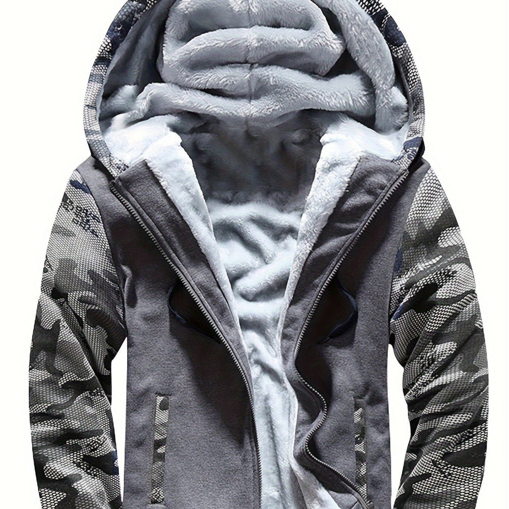 Men's plush-lined zip hoodie jacket in grey camo