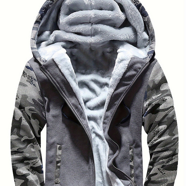 Men's plush-lined zip hoodie jacket in grey camo