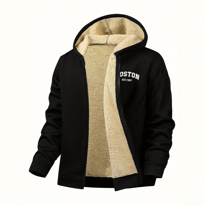Men's plush-lined hooded zip jacket in black, front view
