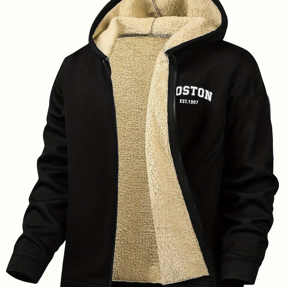 Men's plush-lined hooded zip jacket in black