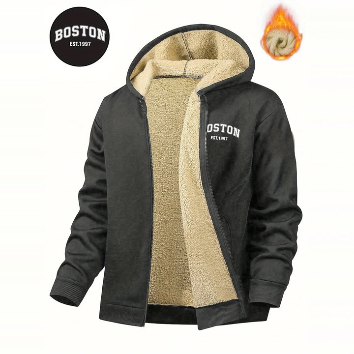 Men's plush-lined hooded zip jacket in charcoal, front view