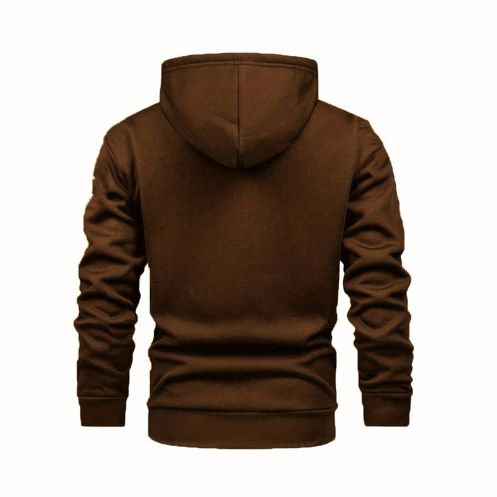 Men's plush-lined hooded zip jacket in coffee, back view