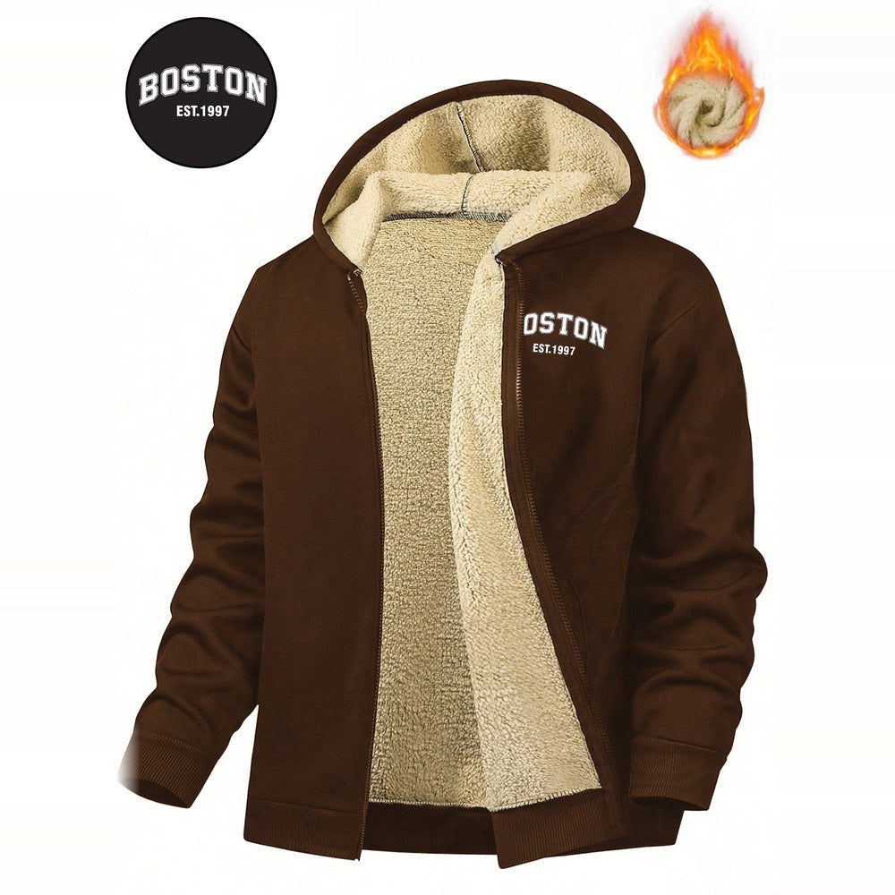 Men's plush-lined hooded zip jacket in coffee, front view