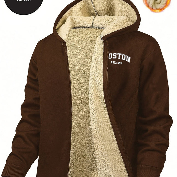 Men's plush-lined hooded zip jacket in coffee