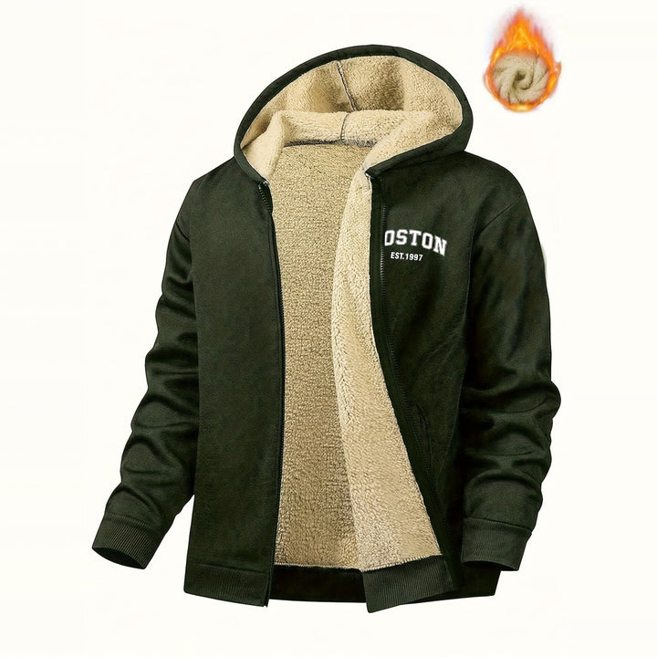 Men's plush-lined hooded zip jacket in forest green, front view