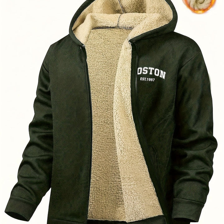 Men's plush-lined hooded zip jacket in forest green
