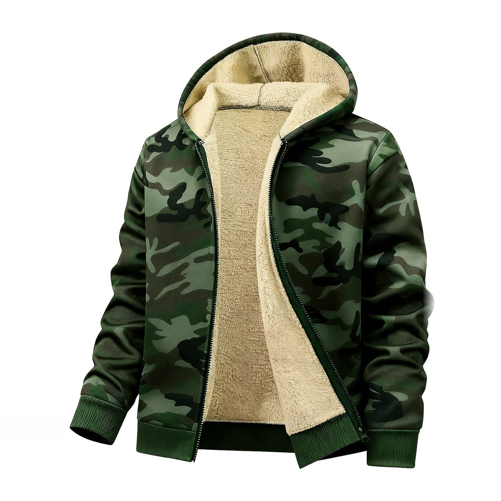 Men's plush-lined hooded zip jacket in green camo, front view