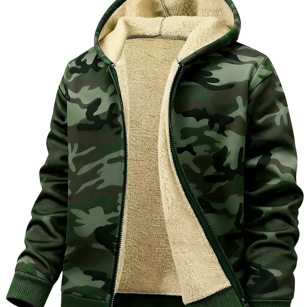 Men's plush-lined hooded zip jacket in green camo