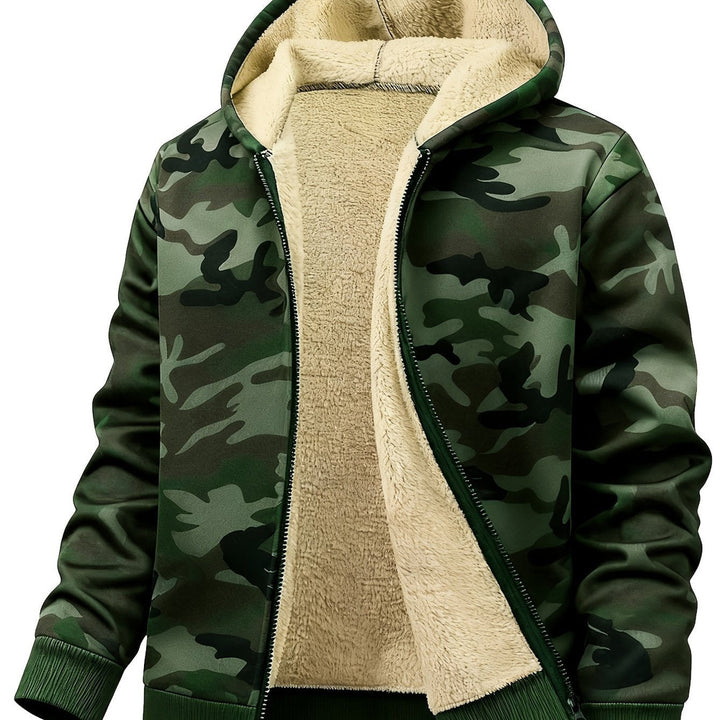Men's plush-lined hooded zip jacket in green camo