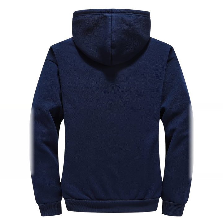Men's plush-lined hooded zip jacket in navy, back view