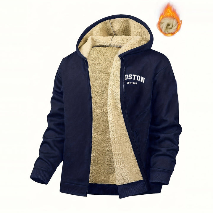 Men's plush-lined hooded zip jacket in navy, front view