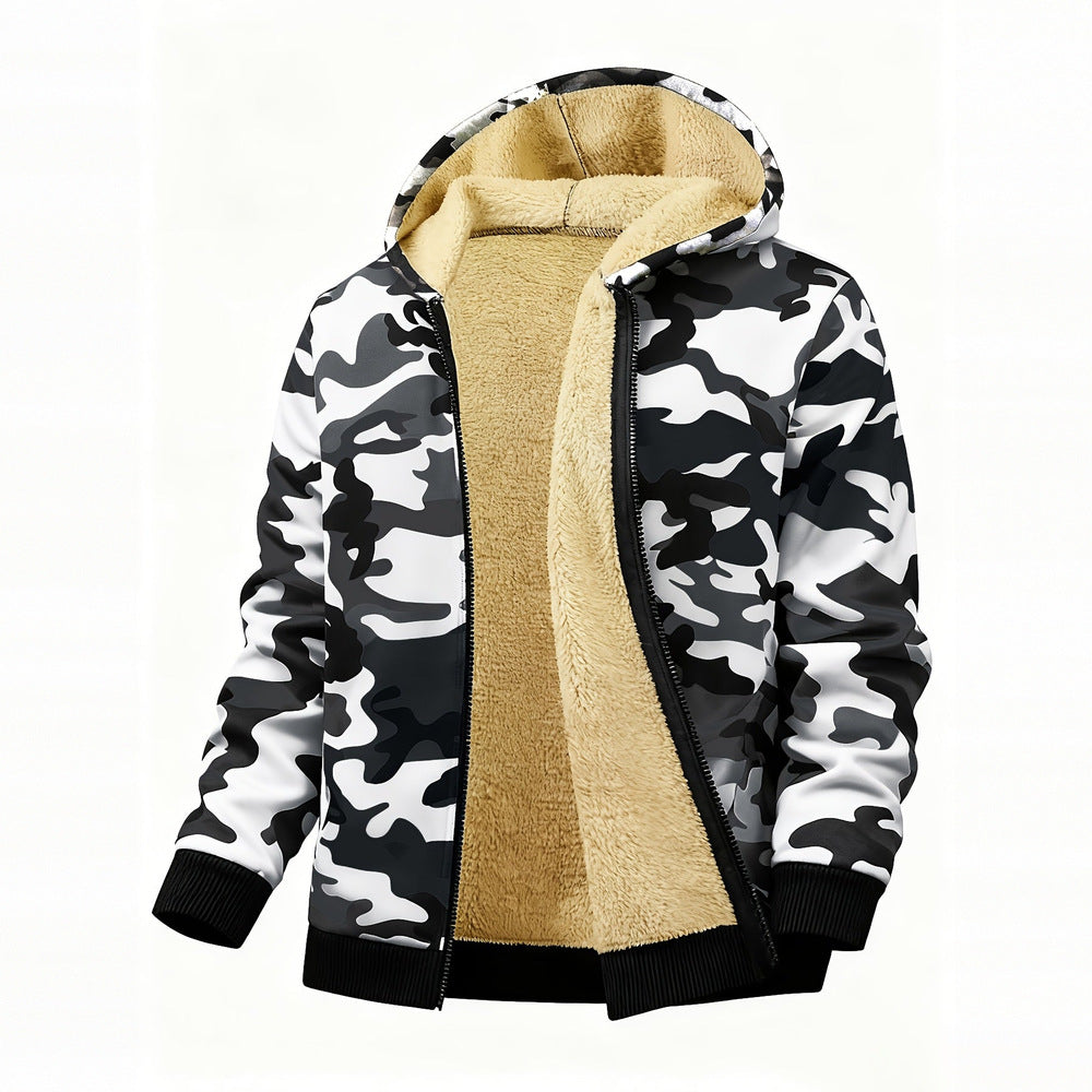 Men's plush-lined hooded zip jacket in snow camo, front view