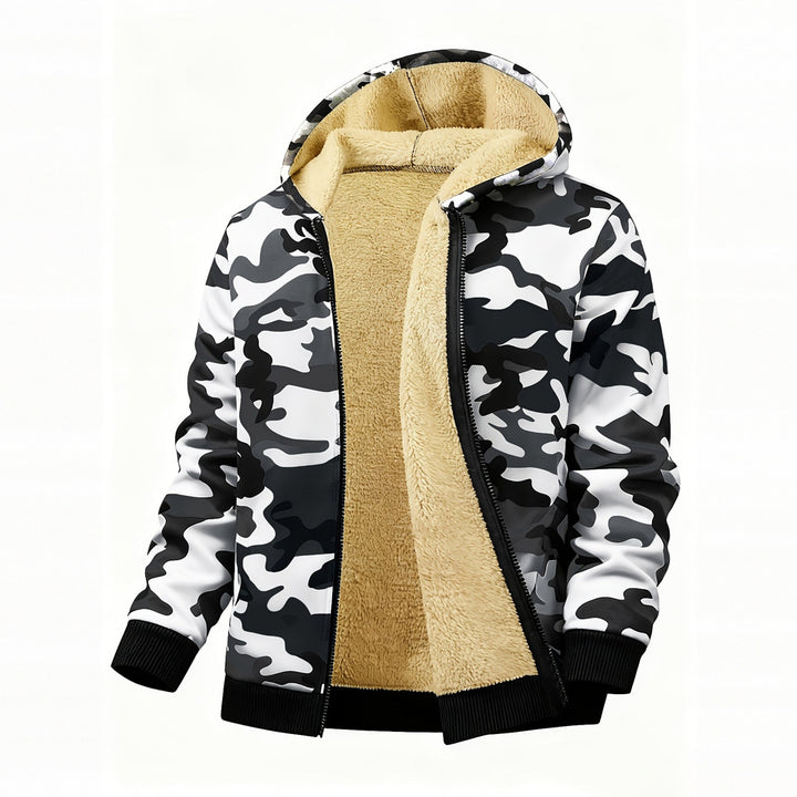 Men's plush-lined hooded zip jacket in snow camo, front view