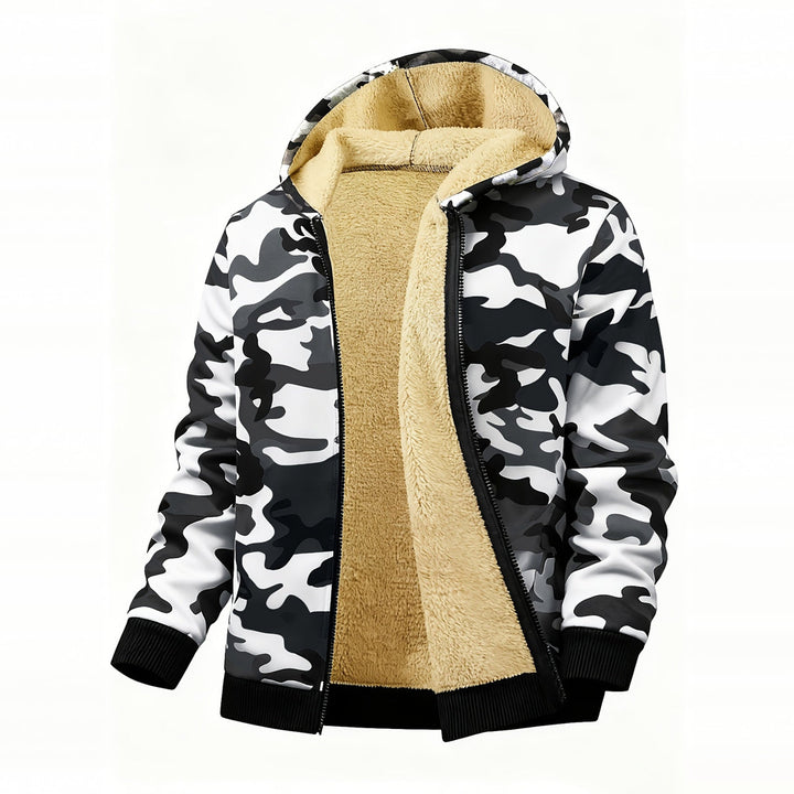 Men's plush-lined hooded zip jacket in snow camo, front view