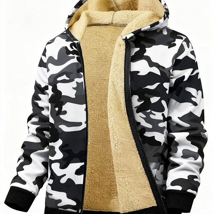 Men's plush-lined hooded zip jacket in snow camo