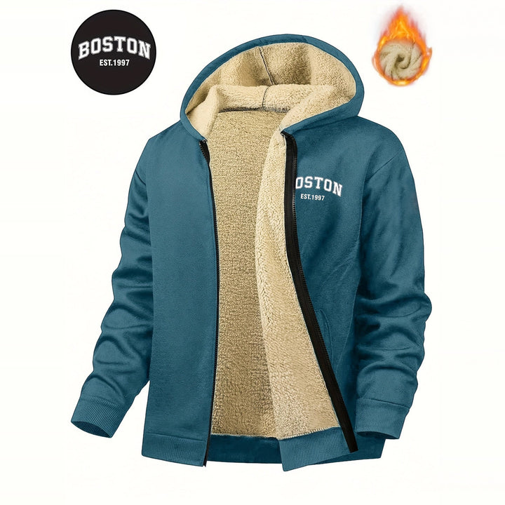 Men's plush-lined hooded zip jacket in teal, front view