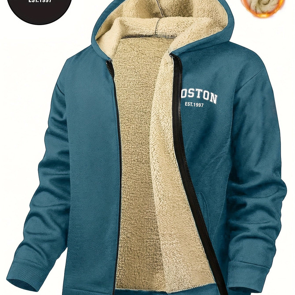 Men's plush-lined hooded zip jacket in teal