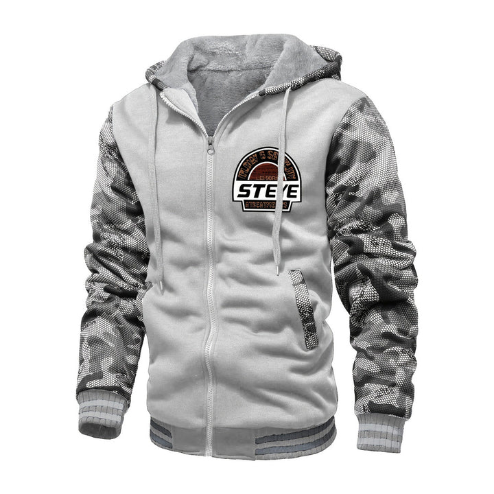 Men's plush-lined zip hoodie jacket in light grey camo, print detail