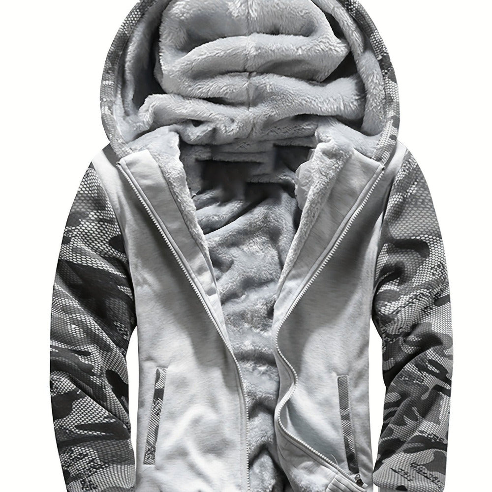 Men's plush-lined zip hoodie jacket in light grey camo