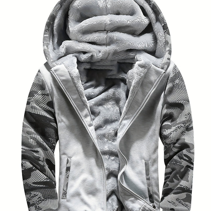 Men's plush-lined zip hoodie jacket in light grey camo