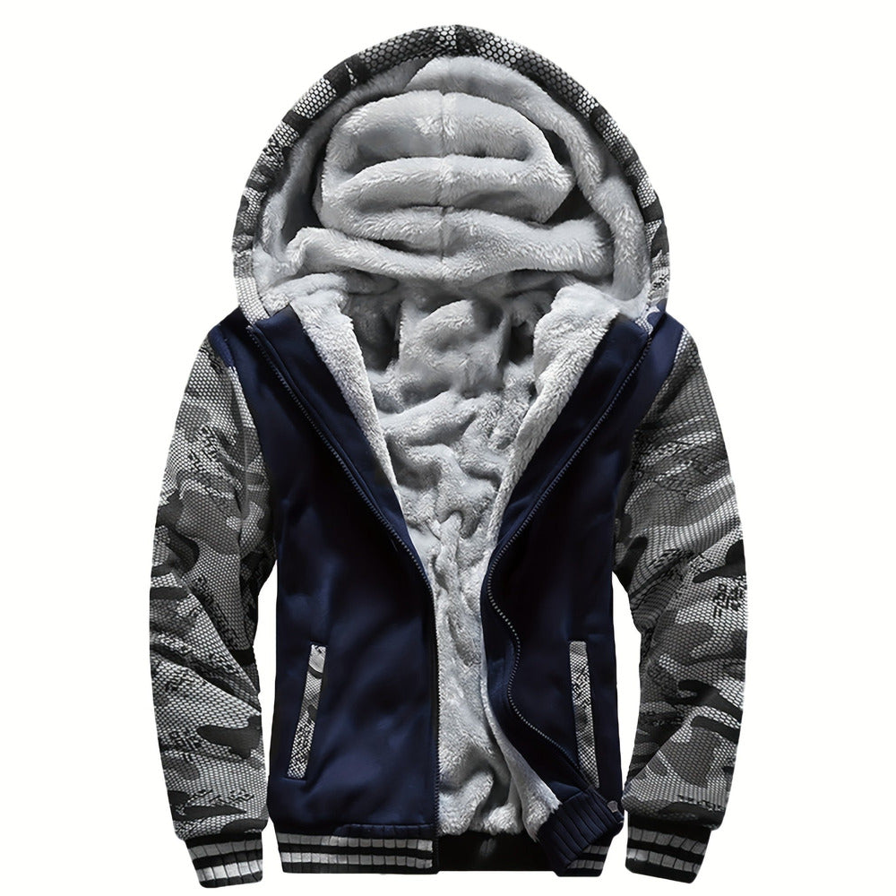 Men's plush-lined zip hoodie jacket in navy camo, front view