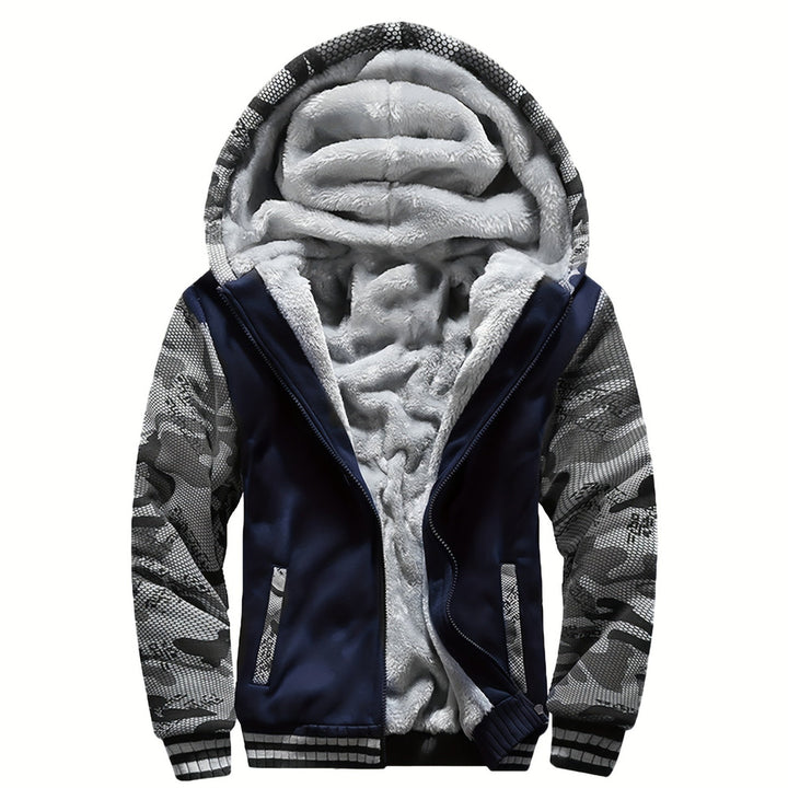 Men's plush-lined zip hoodie jacket in navy camo, front view