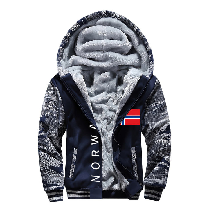 Men's plush-lined zip hoodie jacket in navy camo, print detail