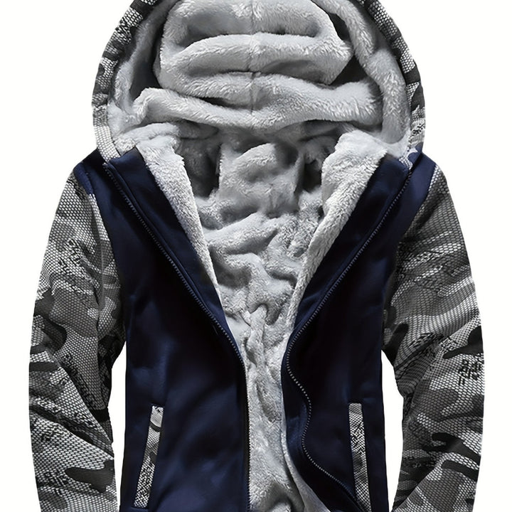 Men's plush-lined zip hoodie jacket in navy camo