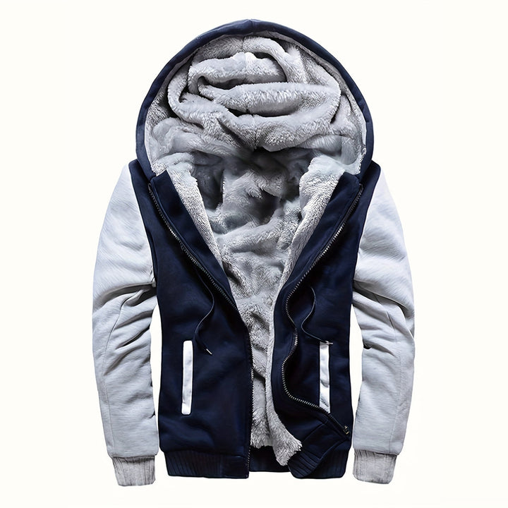 Men's plush-lined zip hoodie jacket in navy/light grey, front view