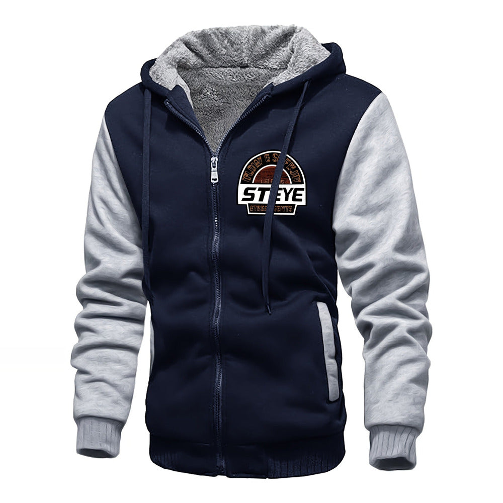 Men's plush-lined zip hoodie jacket in navy/light grey, print detail