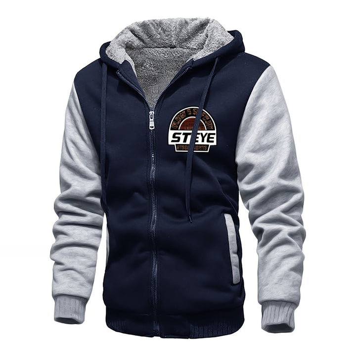 Men's plush-lined zip hoodie jacket in navy/light grey, print detail