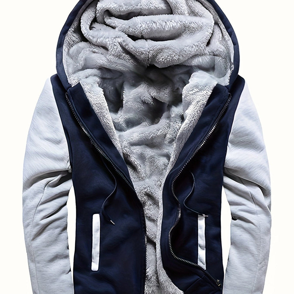 Men's plush-lined zip hoodie jacket in navy/light grey