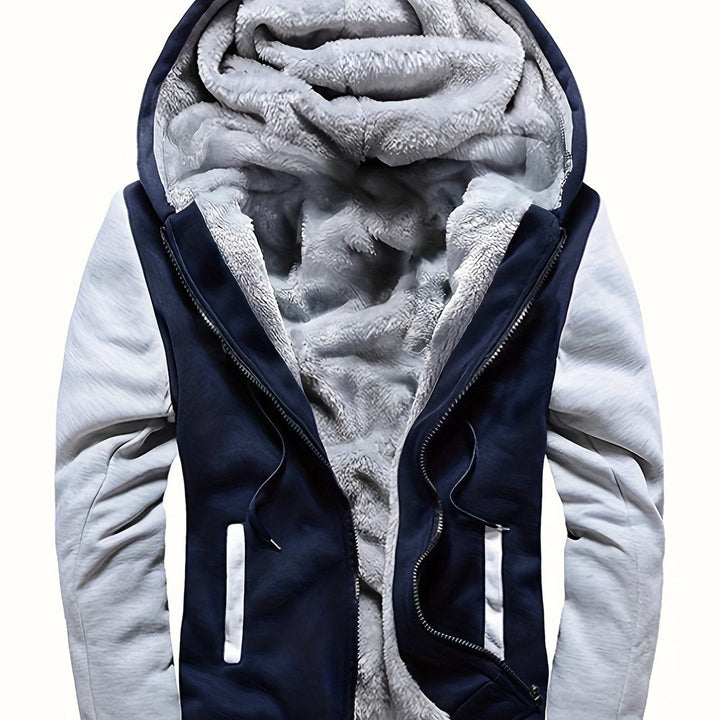 Men's plush-lined zip hoodie jacket in navy/light grey