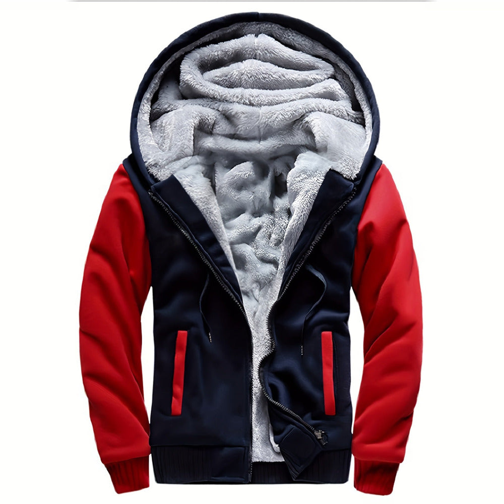 Men's plush-lined zip hoodie jacket in navy/red, front view