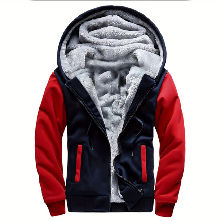 Men's plush-lined zip hoodie jacket in navy/red, front view